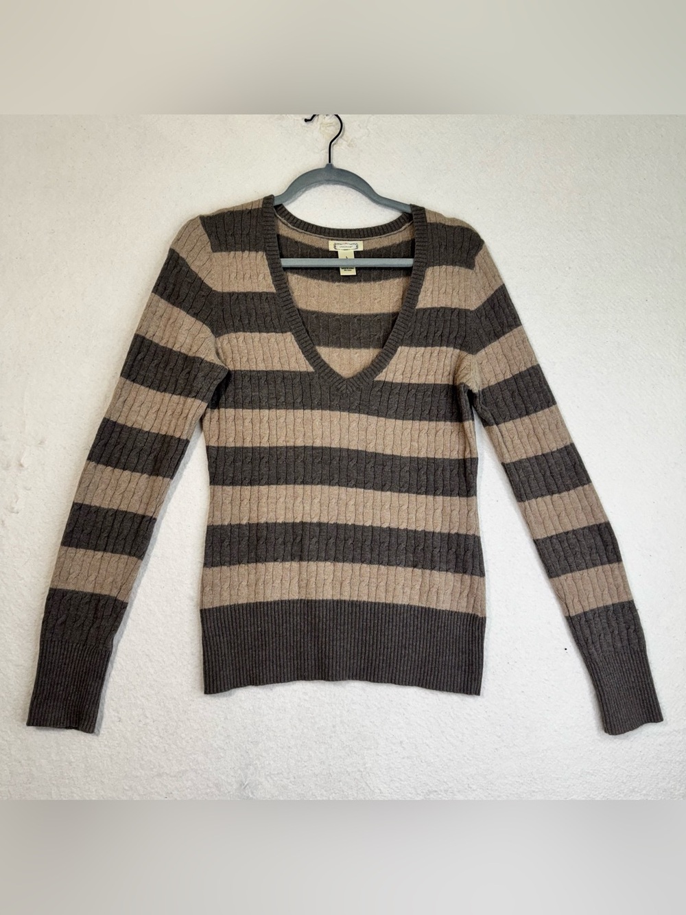 Aphorism Brown & Tan Striped V-Neck Sweater Angora Wool Blend 90s Y2K Preppy L